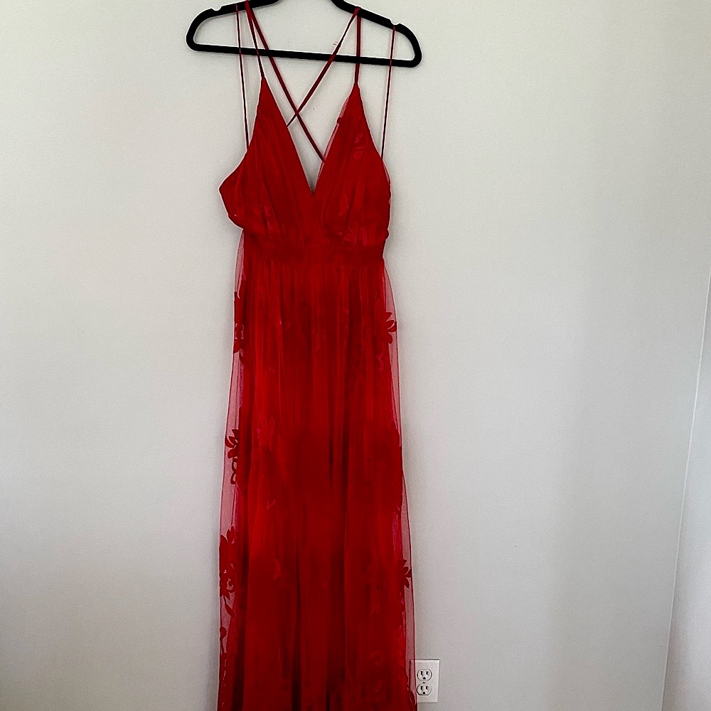 Flocked Floral Red Maxi Dress
